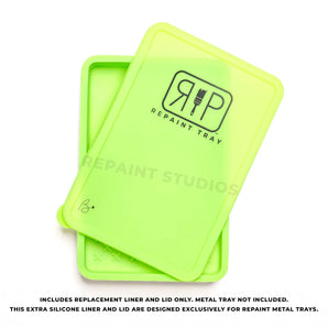 The Repaint Tray Replacement Liner and Lid Includes replacement liner and lid only. Metal Tray not included. The extra silicone liner and lid are designed exclusively for the Repaint Tray Metal trays.